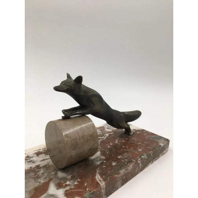 French Art Deco Spelter on Marble Sculpture of Fox Hunting Goose in the style of Irénée Rochard, 1920s For Sale - Image 3 of 6