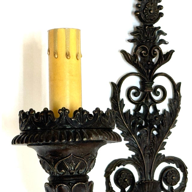 Mid 20th Century Large Pair of French Patinated Bronze Neoclassical Sconces, Mid 20th Century For Sale - Image 5 of 18