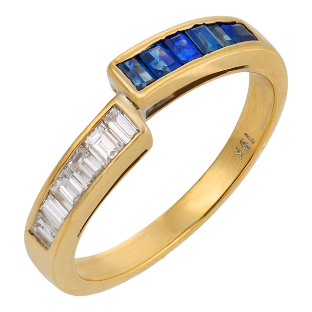 Vintage Diamond Sapphire 18k Yellow Gold Band, Size 6.5 For Sale