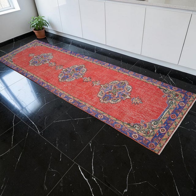 Traditional Traditional Ottoman Design Distressed Oushak Runner Rug Faded Colors Low Pile - 3'3″ X 12' For Sale - Image 3 of 15