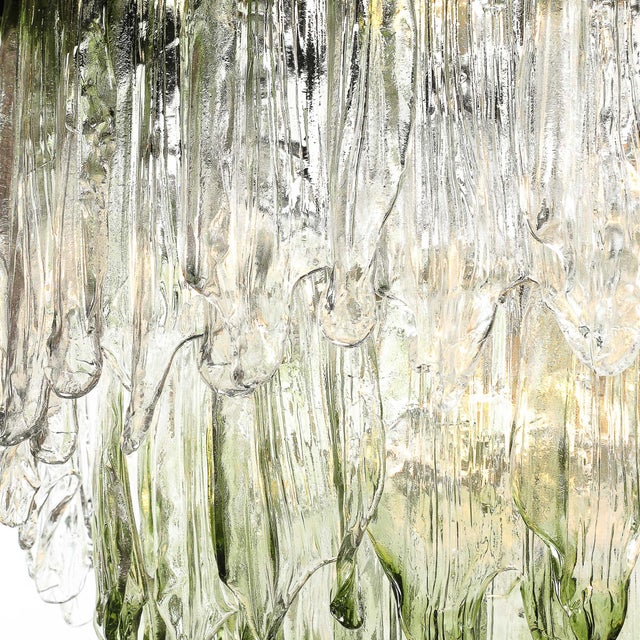 Glass Mid-Century 3-Tier Hand-Blown Murano Green Glass Fiamme Chandelier by Mazzega For Sale - Image 7 of 18