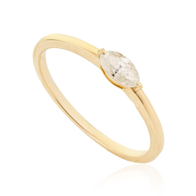 Modern Marquise Cut Diamond Solitaire Ring Size 4 in 14k Yellow Gold For Sale - Image 4 of 16