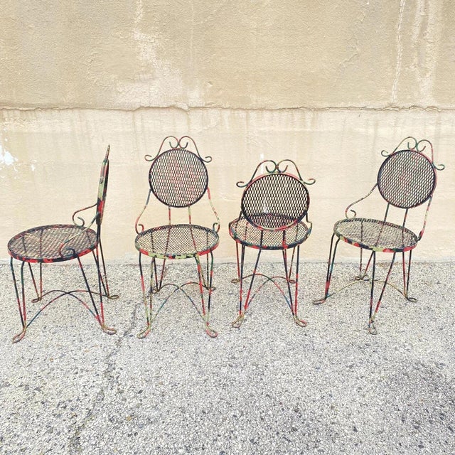 Victorian Vintage Victorian Style Small Wrought Iron Camo Paint Garden Patio Chair - Set 4 For Sale - Image 3 of 12