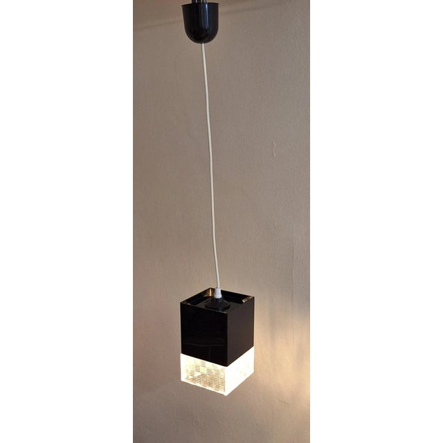 Vintage Ceiling Lamp with Square Black Opaque Plastic Shade with Transparent Patterned Acrylic , 1970s For Sale - Image 3 of 7