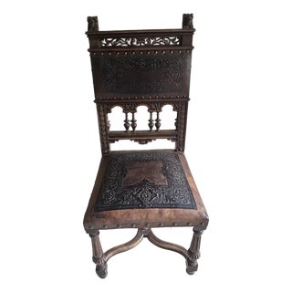 Antique French Henri I| Walnut & Leather Dining Chair, Lion Carvings, Loire Valley, 1880 For Sale