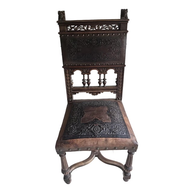 Antique French Henri I| Walnut & Leather Dining Chair, Lion Carvings, Loire Valley, 1880 For Sale