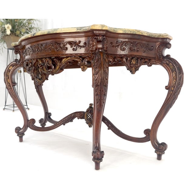 Traditional Regency Revival Heavily Fine Carved Stretcher Base Marble Top Console Table MINT For Sale - Image 3 of 18