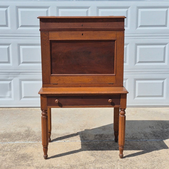 19th Century Early American Solid Oak Plantation Style Drop-Down Secretary Desk For Sale - Image 9 of 10
