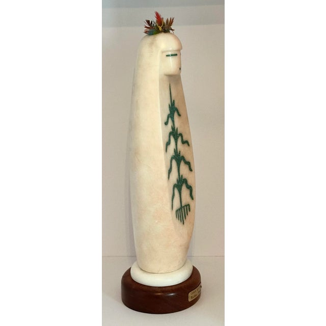 Cream Matthew Panana Jemez Pueblo “Corn Maiden” Alabaster & Turquoise Sculpture For Sale - Image 8 of 9