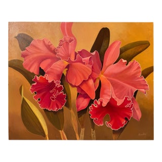 1960s Signed Oil on Canvas Cattleya Orchids For Sale