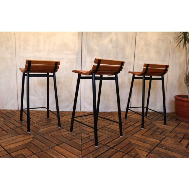 Black 1960s Set of Three Mid-Century Modern Oak & Steel Bar Stools For Sale - Image 8 of 18