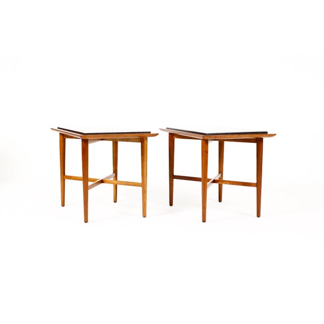 Mid-Century Modern Mid Century Vintage Side / End Tables — Designed attributed to Milo Baughman - Manufactured by Fine Art Furniture Co— Cherry Frame + Slate — Pair For Sale - Image 3 of 10