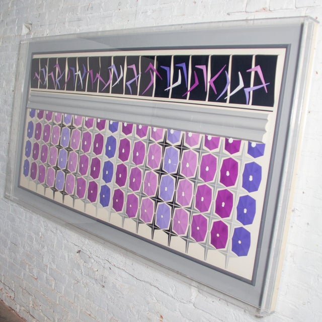 1980s 1984 Signed Abstract Geometric Large Scale 2d Origami Folded Paper Art Piece Purple Gray & White For Sale - Image 5 of 15