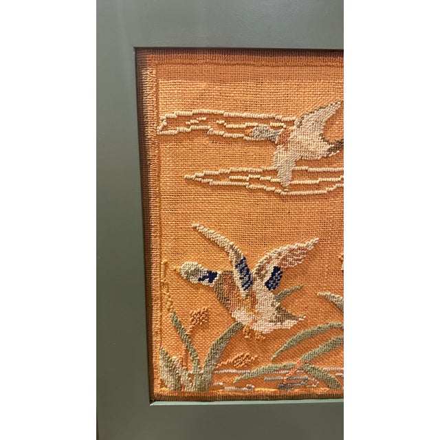 Early Grenfell Industries Hooked Rug Mat Ducks in Flight Framed 1930s Newfoundland Folk Art For Sale - Image 4 of 7