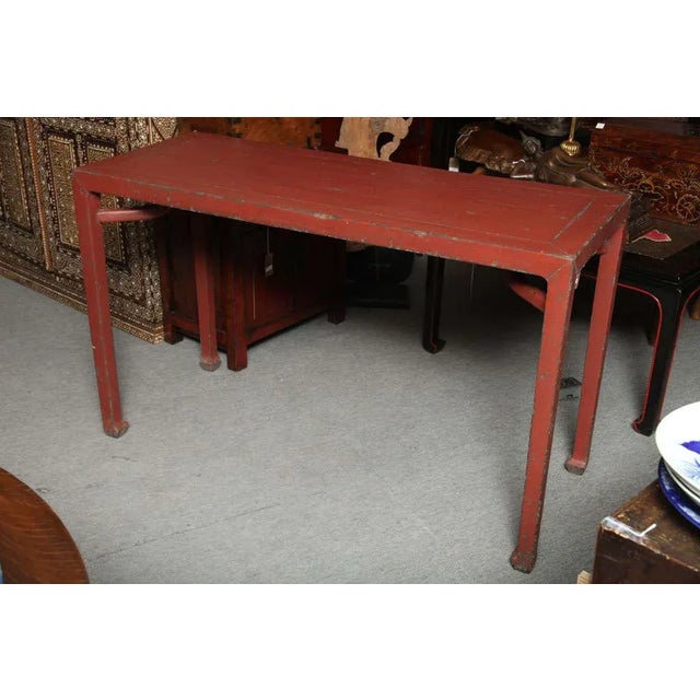 Chinese Antique Linen Covered Red Lacquered Elmwood Console Table, 19th Century China For Sale - Image 3 of 11