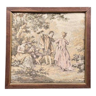 Vintage Framed French-Style Fête Galante Tapestry – Pastoral Scene in Rustic Wood Frame For Sale
