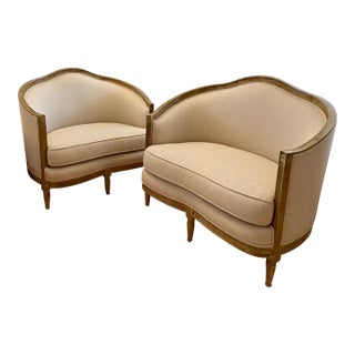 Pair of Curved Ballard Designs Louis XV Armchairs For Sale