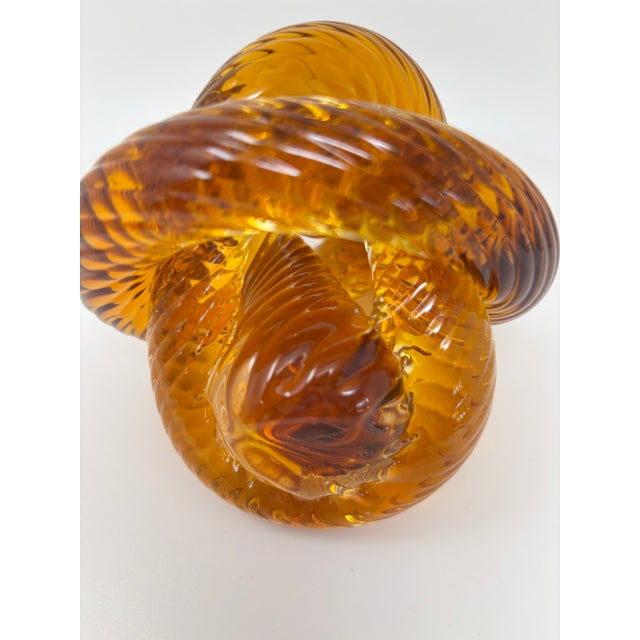 Mid-Century Modern Signed Amber & Cognac Art Glass Infinity Knot Sculpture, Serpentine Texture For Sale - Image 3 of 17
