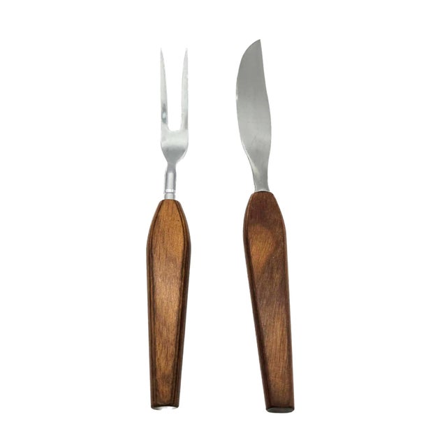 Offered is a vintage Scandinavian-style Fleetwood brand set of stainless steel and polished Rosewood carving utensils - a...