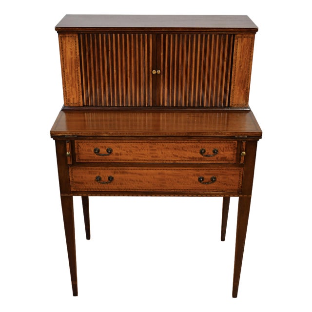 1900s English Hepplewhite Mahogany Inlaid Secretary / Tambour Writing Desk For Sale
