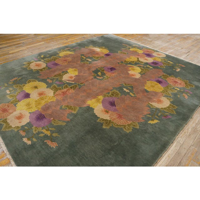 Asparagus 1920s Green Floral Modern Antique Chinese Art Deco Rug by Nichols Workshop 7'10''x9'2'' Wool Carpet For Sale - Image 8 of 12