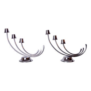 Art Deco Candlesticks in Stainless Steel with 3 Flames, Spain, 1970s, Set of 2 For Sale