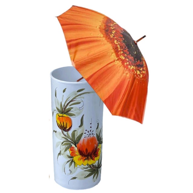 60s MCM Hand Painted Orange Poppy Flower Ceramic Umbrella Stand Holder Italy 1960's Rare, Very Detailed, Hand Painted,...