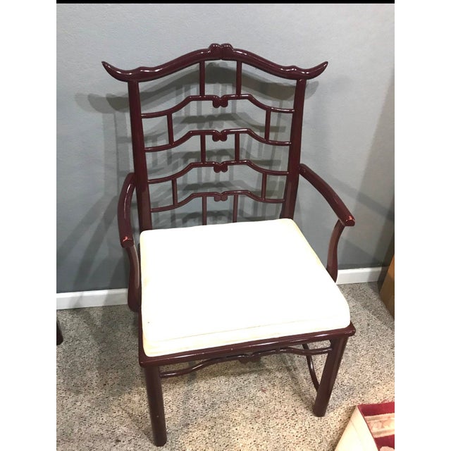 Vintage Century Furniture Chinoiserie Dining Chairs – Set of 6 (4 Side, 2 Armchairs) – Burgundy Lacquer For Sale - Image 9 of 12