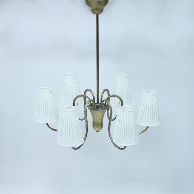 1940s Swedish Modern Brass 6-Light Chandelier, 1930s-1940s For Sale - Image 5 of 11