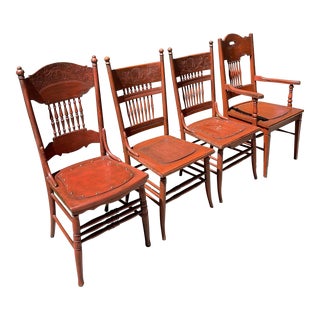 1920s Antique Country Kitchen Barn Red Chairs - Set of 4 For Sale