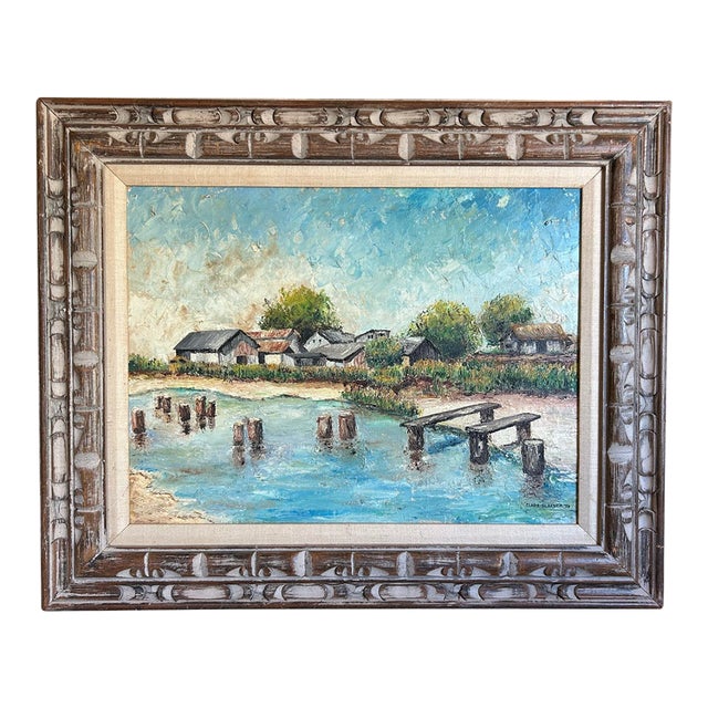 Vintage 1959 Impressionist Oil Painting of a Coastal Beach Village in Carved Wood Frame For Sale
