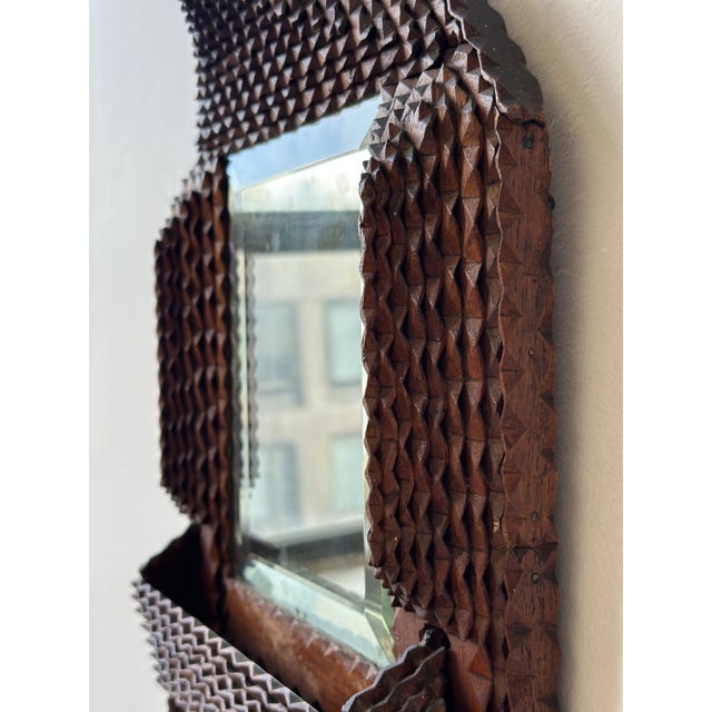 Wood Antique Geometric Chip Carved Wall Pocket / Comb Box With Beveled Glass Mirror, Circa Late 19th Century For Sale - Image 7 of 17