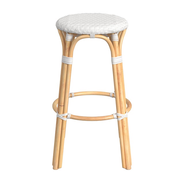 Spritely Home Accent Furniture Tobias 30 in. Seat Height Round Rattan Backless Bar Stool, Glossy White/ Natural Rattan Frame For Sale - Image 4 of 8