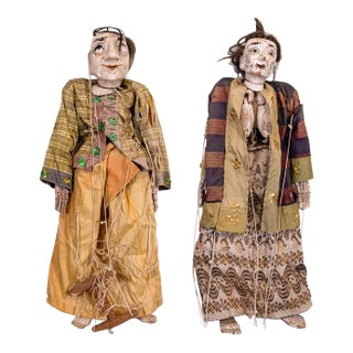 Pair of Antique Burmese Thailand Marionette Puppet Dolls Folk Art For Sale