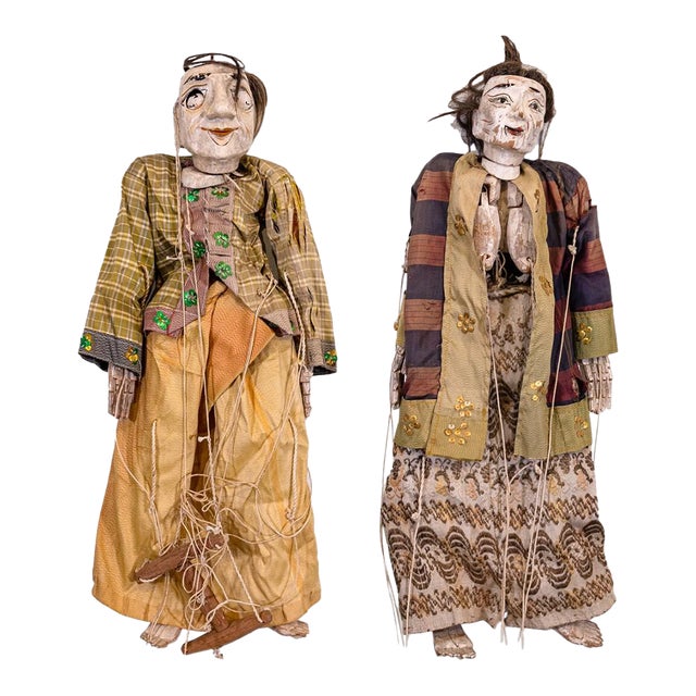Pair of Antique Burmese Thailand Marionette Puppet Dolls Folk Art For Sale