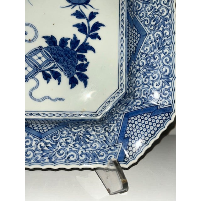 Antique Japanese Octagonal Blue and White Porcelain Plate With Butterly and Floral Design For Sale - Image 9 of 18