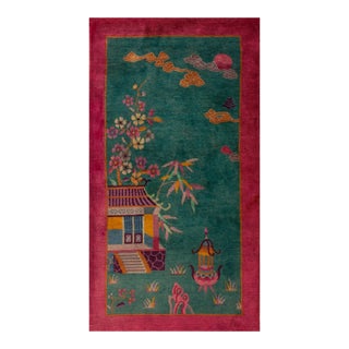1920s Green Garden Landscape Antique Chinese Art Deco Carpet 2' 6'' X 4' 5'' Knotted Wool Rug For Sale