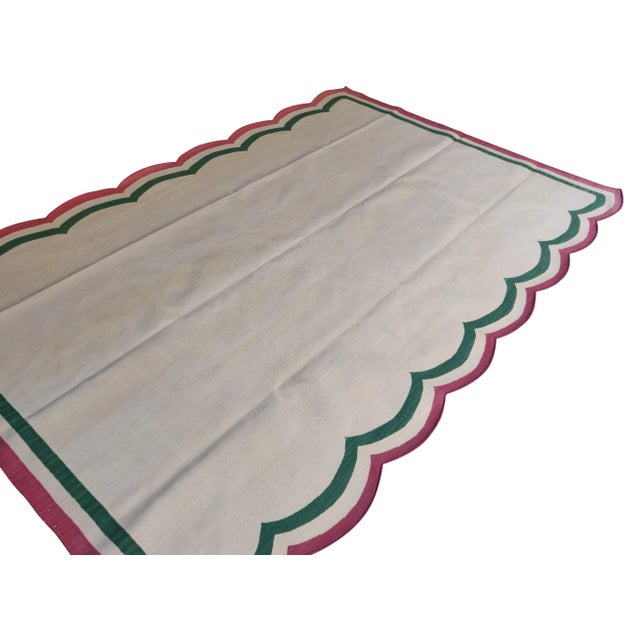 Textile Handmade Cotton Scalloped Rug, Cream with Green and Raspberry Border 6'x9' For Sale - Image 7 of 9