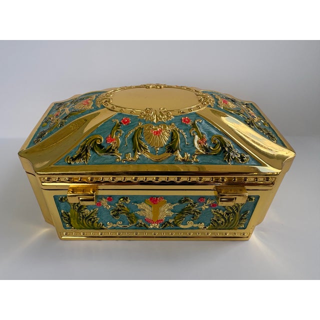 Hollywood Regency Gilt Metal Jewelry Casket With Turquoise Enamel Panels & Velvet Interior For Sale In Orlando - Image 6 of 11