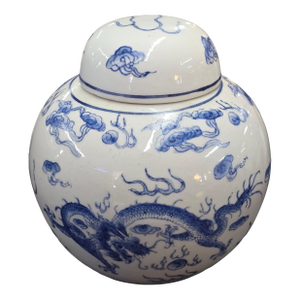 Vintage Hand-Painted Blue and White Dragon Ginger Jar With Matching Lid