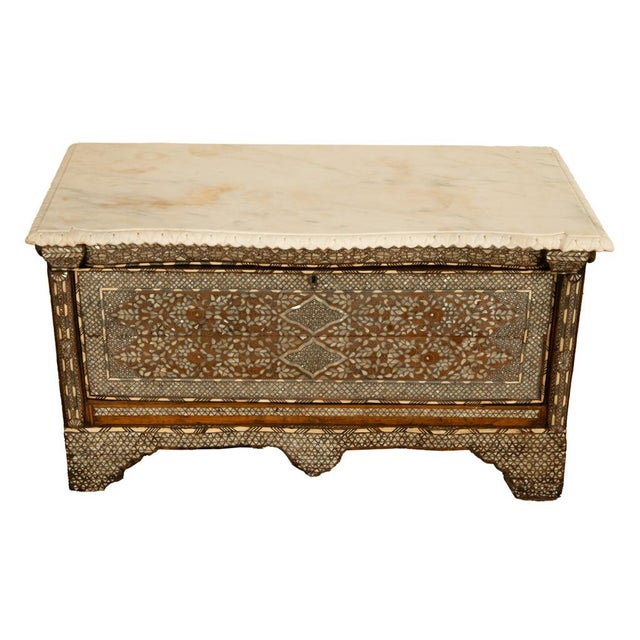 Antique Arabic Walnut Inlaid Mother-of-Pearl Dowry Marriage Chest Damascus 1860 For Sale - Image 12 of 17