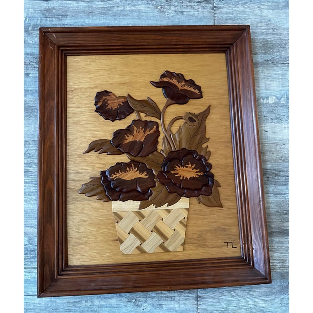Two hand-built wood pictures, carved and layered piece by piece until flowers rise off the panel in three dimensions. Warm...