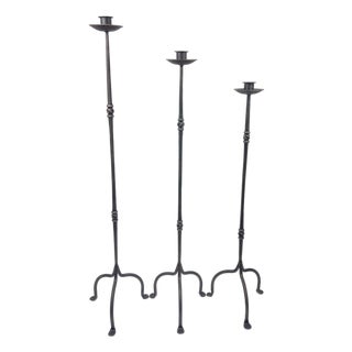 Hand Forged Iron Candelabra Set of 3 (93-113cm) Antique Copper Finish Slender Stem with High Arched Base For Sale