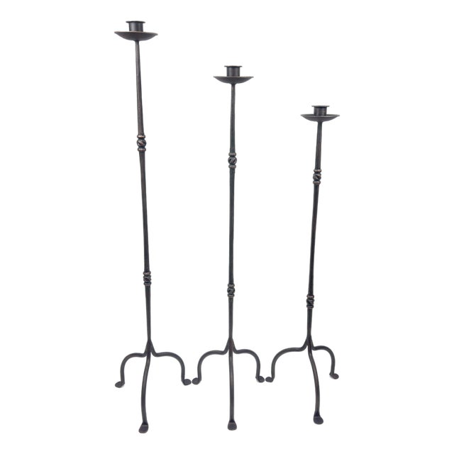 Hand Forged Iron Candelabra Set of 3 (93-113cm) Antique Copper Finish Slender Stem with High Arched Base For Sale