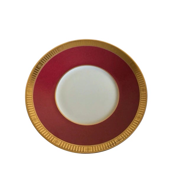 A great lot of 5 Bernardaud Limoges France Madison Carmin maroon gold accent rim porcelain round bread and butter plates....