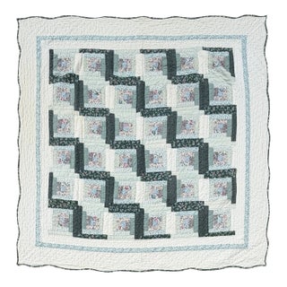 Vintage Hand Stitched Log Cabin Quilt Green And White, Square 77x79” For Sale