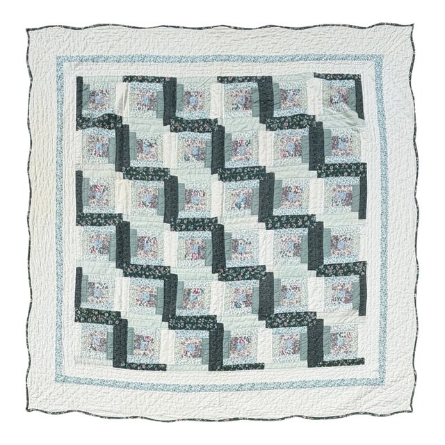 Vintage Hand Stitched Log Cabin Quilt Green And White, Square 77x79” For Sale