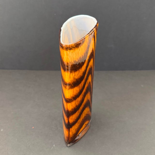 Chestnut Modern Cased Art Glass Vase With Amber Tiger Stripe Pattern - 8.75” For Sale - Image 8 of 12