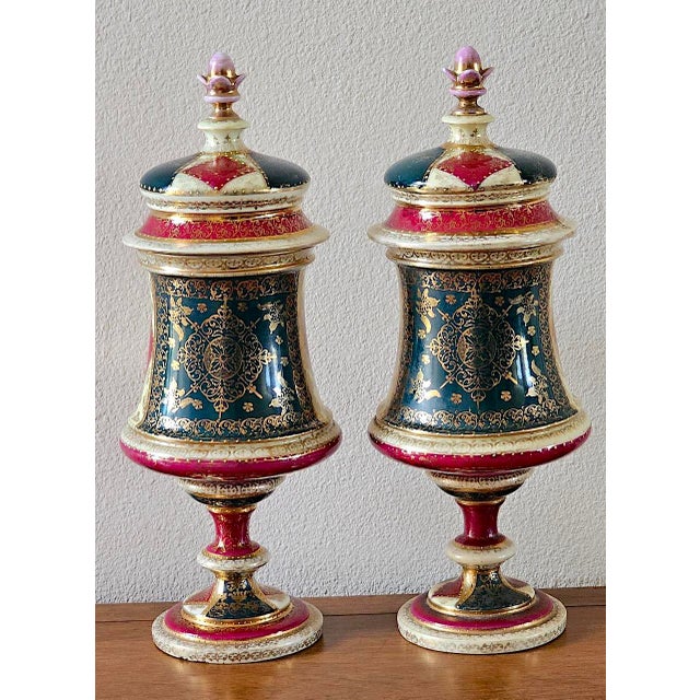 Gold Pair of Antique Austrian Porcelain Urns, Hand-Painted Figural Scenes, Heavy Gilt, C. 1900 For Sale - Image 8 of 18