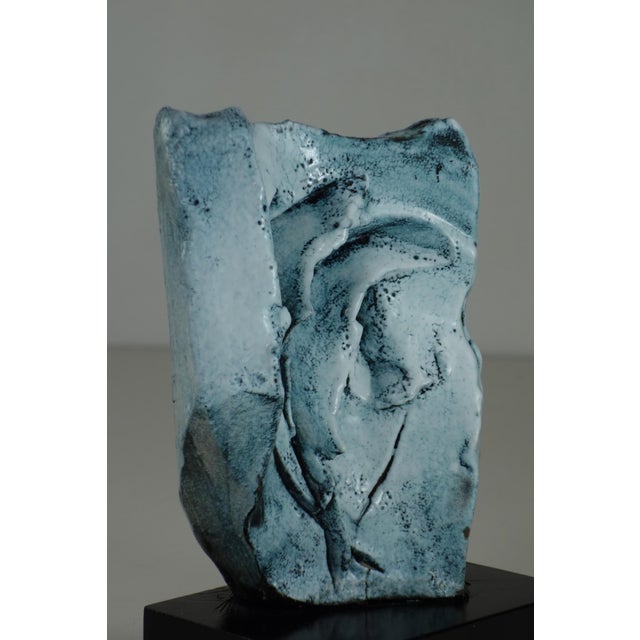 Giuseppe Rossicone Italy, 1970 Glazes Ceramic Abstract Sculpture Wood Base Artist Sign engraved base: h 4.5 x w 14 x d 10...